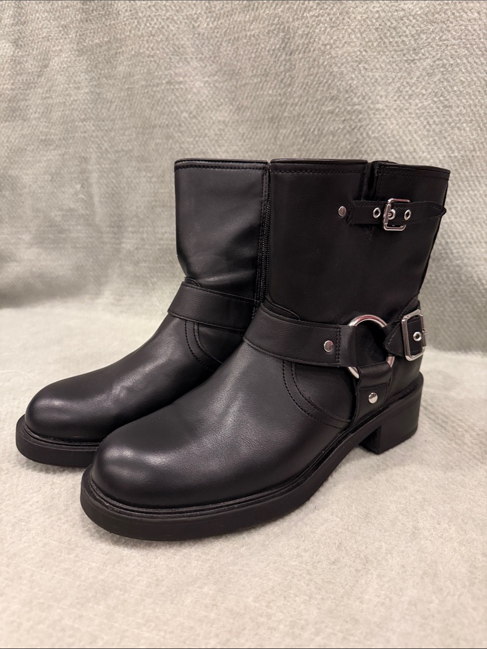 Universal Thread Black Faux Leather Harness Moto Ankle Booties Silver Hardware